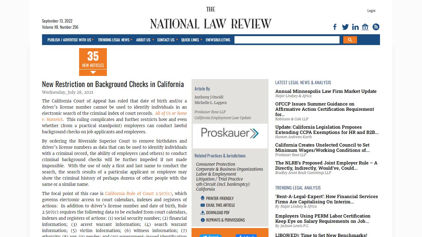 New Restriction on Background Checks in California - The National Law ...